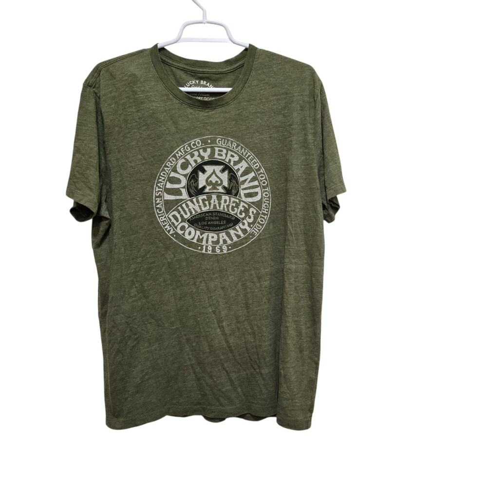 Lucky Brand Mens L Dungarees Company Graphic Tee Olive Green Tri Blend